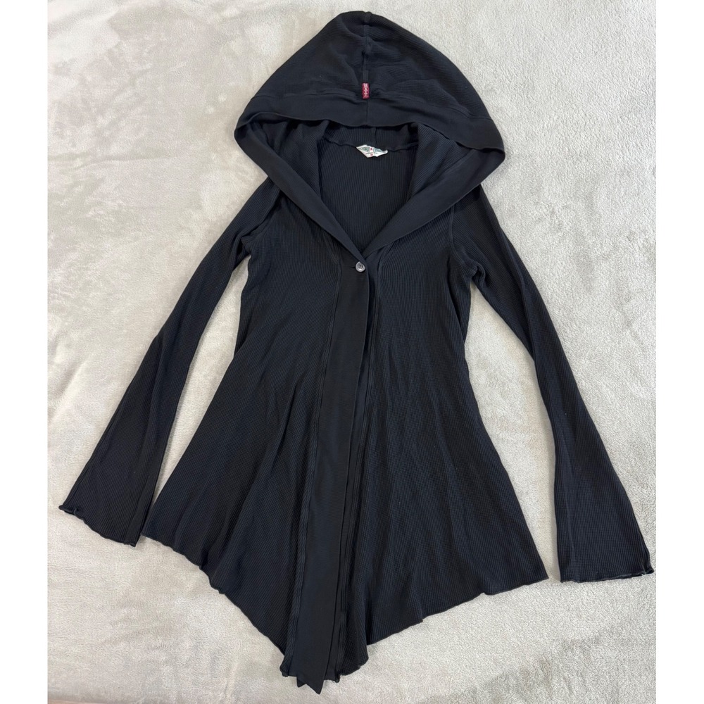VTG Hard Tail Hooded Waffle Knit Thermal Asymmetric Cardigan Duster Black Y2K